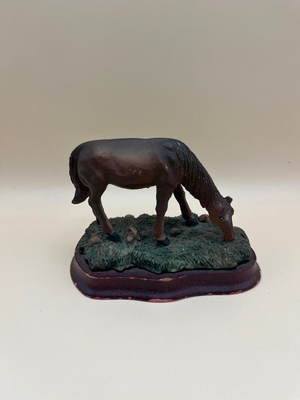 Vintage Resin Grazing Horse Figurine Brown Horse on Grass Base Equestrian Decor
